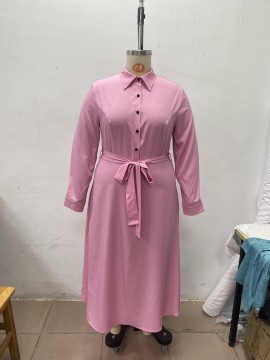Plus Size Button Front Collared Dress, Casual Long Sleeve Belted Maxi Dress, Women's Plus Size Clothing