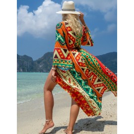 Women's Kaftan Beach Smock Positioning Print Cotton Long Cardigan Sun Protection Resort Seaside