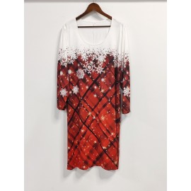 Plus Size Casual Dress, Women's Plus Snowflake & Plaid Print Long Sleeve Round Neck Dress With Pockets