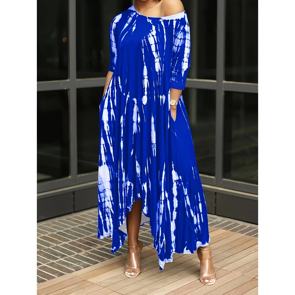 Plus Size Tie Dye Loose Dress, Elegant Half Sleeve Split Dress For Spring & Summer, Women's Plus Size Clothing