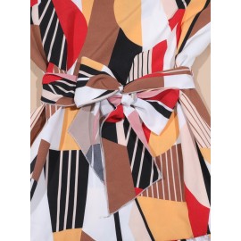 Plus Size Geo Print Halter Neck Dress, Elegant Sleeveless Belted Dress For Spring & Summer, Women's Plus Size Clothing