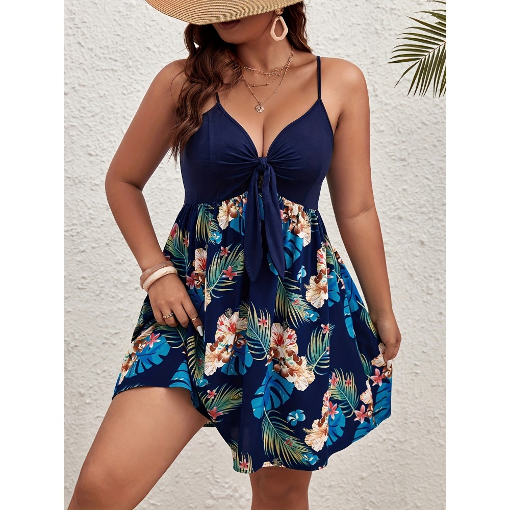 Plus Size Tropical Print Patchwork Cami Dress, Vacation Style Knot Front Sleeveless V Neck Dress For Spring & Summer, Women's Plus Size Clothing