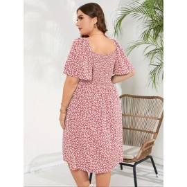 Plus Size V Neck Fitted A-Line Knee Length Wrap Dress with Pockets - Medium Stretch Polyester Floral Print Casual Party Dress for All Seasons