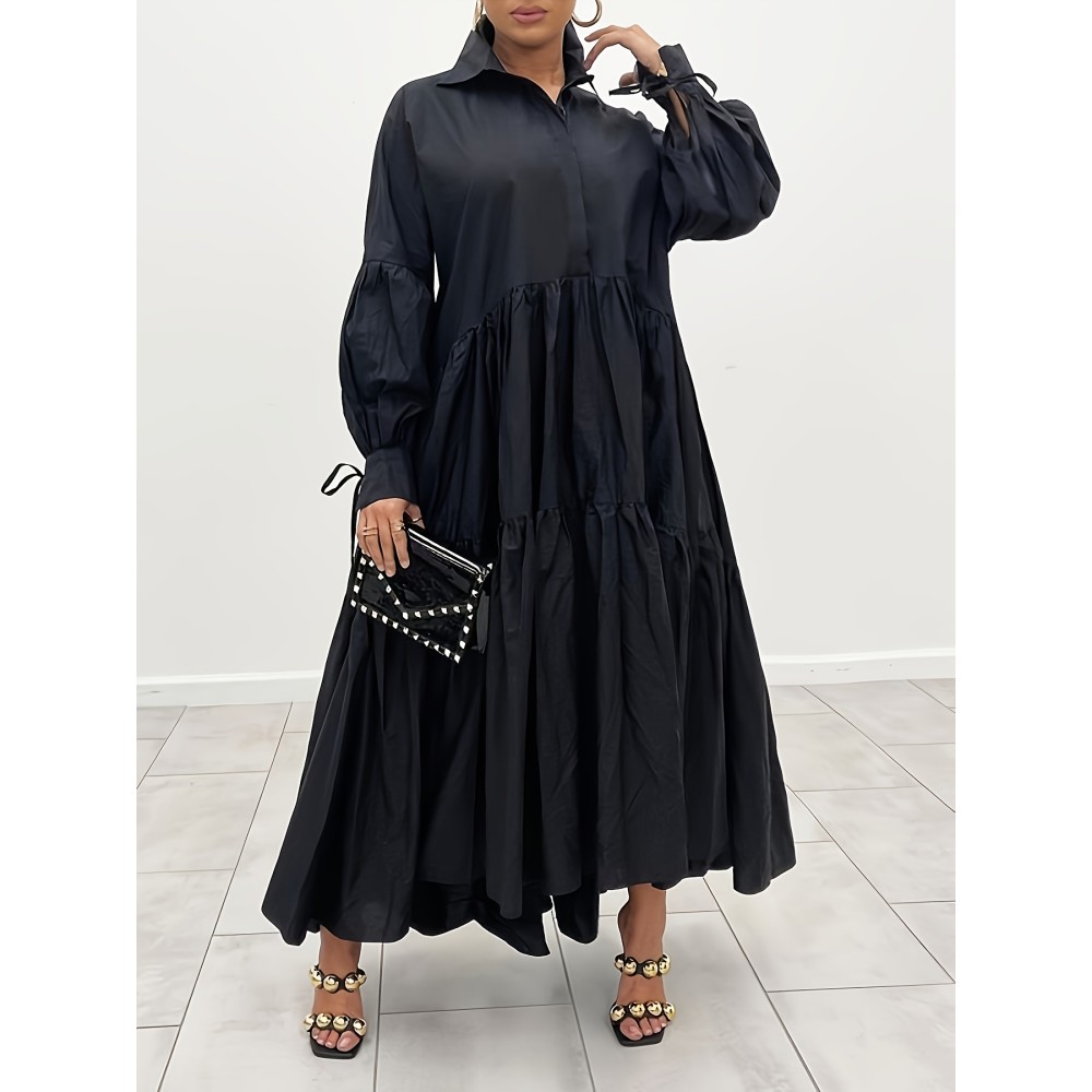 Plus Size Solid Color Collared Maxi Dress - Elegant Ruffle Hem Detailing, Comfortable Long Sleeve Design, Perfect for Casual Occasions - Suitable for Spring and Fall Seasons, Designed for Plus Size Women, Womens Clothing Collection