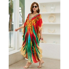 Plus Size Boho Chic Allover Print Loose Kaftan Dress - Relaxed, Comfortable Fit, Flattering V-Neckline, Dramatic Batwing Sleeves, Perfect Coverup for Any Occasion - Designed Exclusively for Women, Plus Size Friendly, Maxi Dress