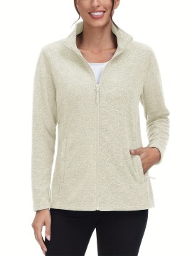 Women's Plus Size Fleece Jacket Full Zip Stand Collar Casual Jacket Autumn And Winter Warm Coat Lightweight Soft Comfort Jacket 2 Zipper Pockets Daily Travel Wear Commute Office To School Home Outdoor Recreation Activities Large Size Fleece Jacket