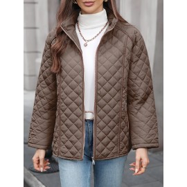 Women's Oversized Polyester Coat, Casual Hug Fit, Small Stand Collar, Long Sleeve, Zipper Closure, Autumn And Winter Warm Coat