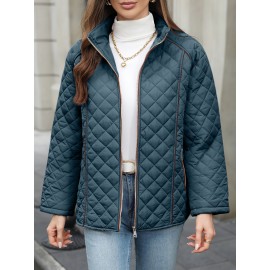 Women's Oversized Polyester Coat, Casual Hug Fit, Small Stand Collar, Long Sleeve, Zipper Closure, Autumn And Winter Warm Coat