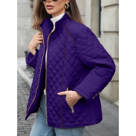 Women's Oversized Polyester Coat, Casual Hug Fit, Small Stand Collar, Long Sleeve, Zipper Closure, Autumn And Winter Warm Coat
