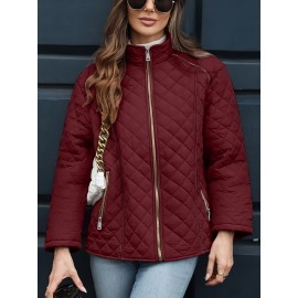 Women's Oversized Polyester Coat, Casual Hug Fit, Small Stand Collar, Long Sleeve, Zipper Closure, Autumn And Winter Warm Coat