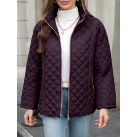 Women's Oversized Polyester Coat, Casual Hug Fit, Small Stand Collar, Long Sleeve, Zipper Closure, Autumn And Winter Warm Coat