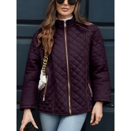 Women's Oversized Polyester Coat, Casual Hug Fit, Small Stand Collar, Long Sleeve, Zipper Closure, Autumn And Winter Warm Coat