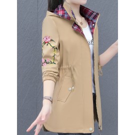 Plus Size Women's Floral Pattern Jacket - Casual Hooded Long Sleeve Outerwear with Zipper Front and Relaxed Fit