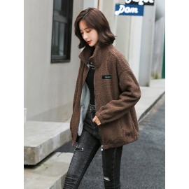 1pc Cozy Plus Size Women'S Casual Sherpa Jacket - Solid Color Polyester Knit Fabric with Slight Stretch, Stand Collar, Long Sleeve Zip-Up Top for Fall/Winter