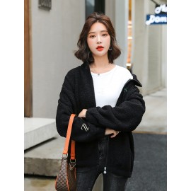 1pc Cozy Plus Size Women'S Casual Sherpa Jacket - Solid Color Polyester Knit Fabric with Slight Stretch, Stand Collar, Long Sleeve Zip-Up Top for Fall/Winter