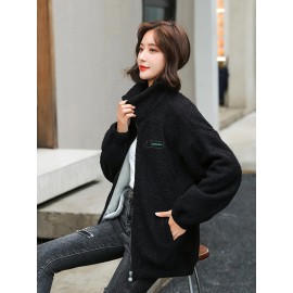 1pc Cozy Plus Size Women'S Casual Sherpa Jacket - Solid Color Polyester Knit Fabric with Slight Stretch, Stand Collar, Long Sleeve Zip-Up Top for Fall/Winter