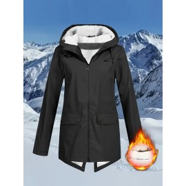 Plus Size Plush Lined Hooded Coat, Warm Long Sleeve Zipper Coat for Winter, Casual Women's Clothing
