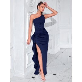 Elegant One Shoulder Split Ruffle Hem Maxi Dress, Sleeveless Slim-Fit Party & Banquet Dress for Women
