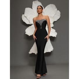 Shiny Sequin Slim Fit Formal Dress, Elegant Strapless Ankle Length Evening Dress For Party & Banquet, Women's Clothing