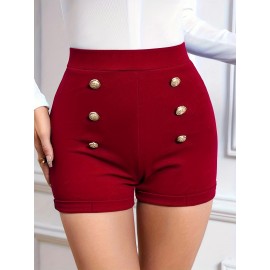 High Waist Womens Shorts - Fashionable Solid Color with Eye-Catching Buttons - Comfy Casual Style for Everyday Wear - A Trendy Closet Essential