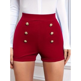 High Waist Womens Shorts - Fashionable Solid Color with Eye-Catching Buttons - Comfy Casual Style for Everyday Wear - A Trendy Closet Essential