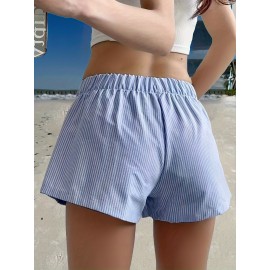 Stripe Print Elastic Waist Shorts, Casual Button Decor Shorts For Summer & Spring, Women's Clothing