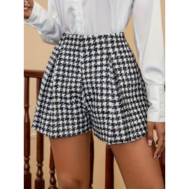 Elegant Women'S Houndstooth Shorts, Polyester Blend, Pleated High-Waisted Shorts, Woven Fabric, for Spring/Summer/Fall