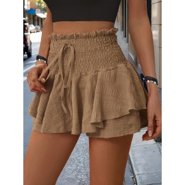 Elegant High-Waisted Solid Color Polyester Shorts with Smocked Waist and Ruffle Detail - All Season Woven Fabric - Women's Casual Chic Bottoms